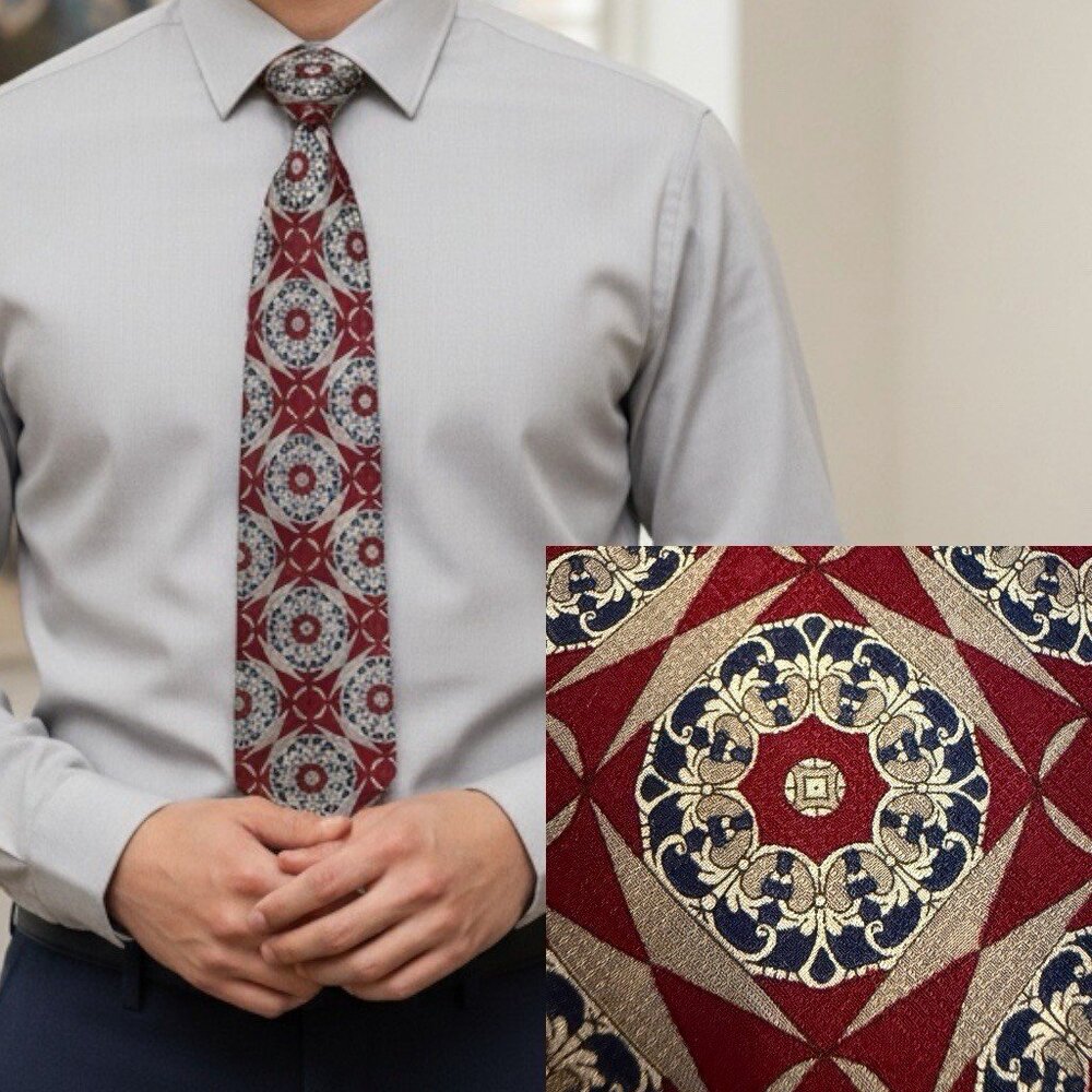 Geoffrey Beene Silk‎ Tie Red Grey Geometric Medallion Men Necktie 57 x 3.75 VTG